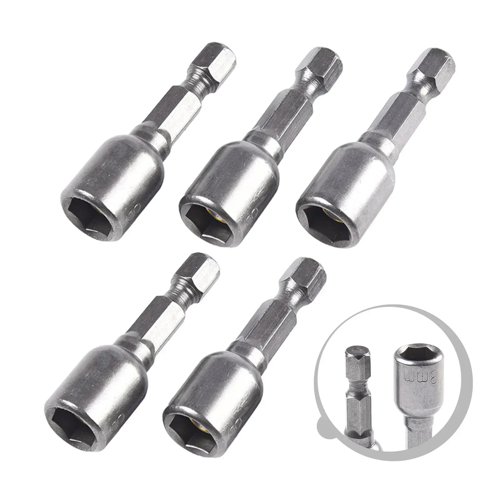 5 Pcs 8mm Socket Adapter Magnetic Nut Driver 1/4 Hex Shank Drill Bit Length 42mm For Power Wrench Screwdriver Tools Parts