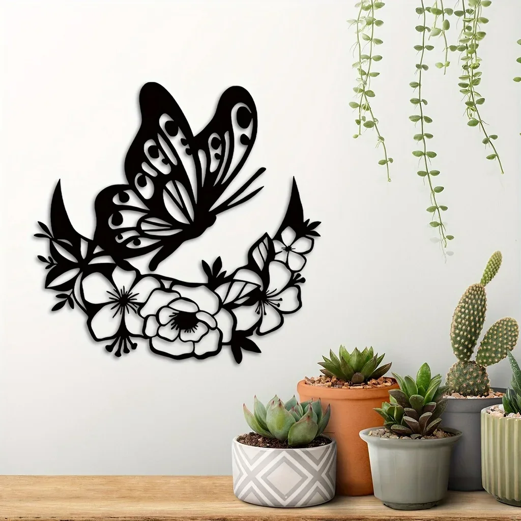 Moon Metal Floral Art Home Decor, Moon Phase Boho Wall Decor Flower and Butterfly Metal Wall Art Moon Home Decor Livingroom