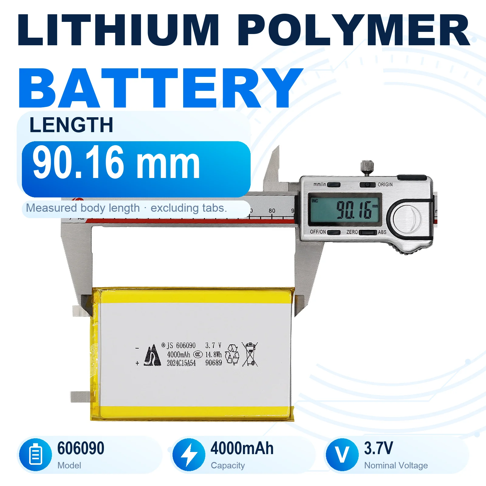 JS 606090 3.7V 4000mAh Rechargeable LiPo Battery 6x60x90mm Lithium Polymer Pouch Cell with Flat Metal Tabs