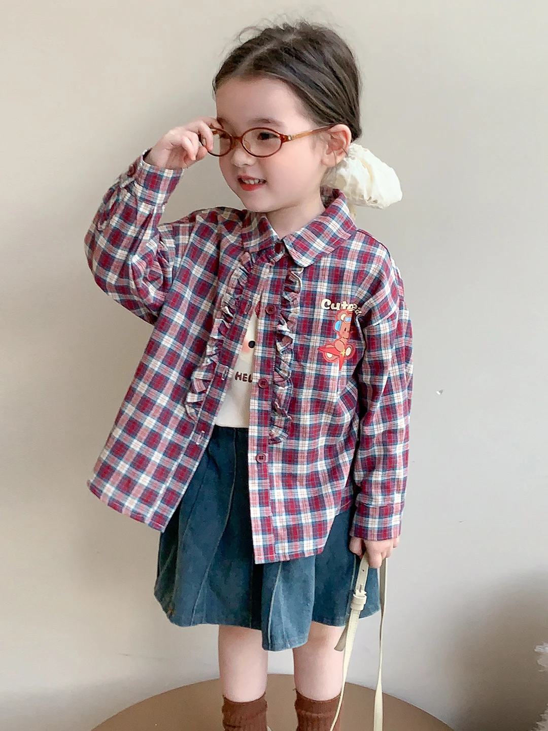 

Trendy Plaid Long Sve irt for Girls Autumn 2025 New Children's Casual Outerwear Straight Tube Sle Collar Other Ma...