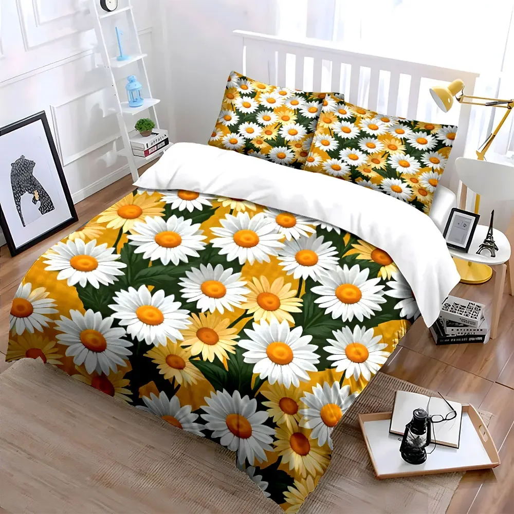 3Pcs Yellow Background Daisy Bedding Set,White ＆ Light Yellow Daisies with Green Leaves Print Duvet Cover,Bright Spring Style