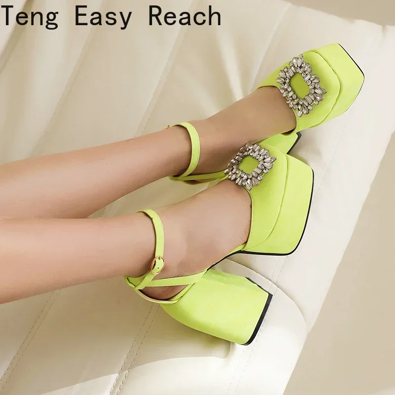 Plus Size Square Toe Super High Thick Heel Rhinestone Decal Hollow Sexy Women's Sandals Satin Fabric Ankle Strap Platform Sandal