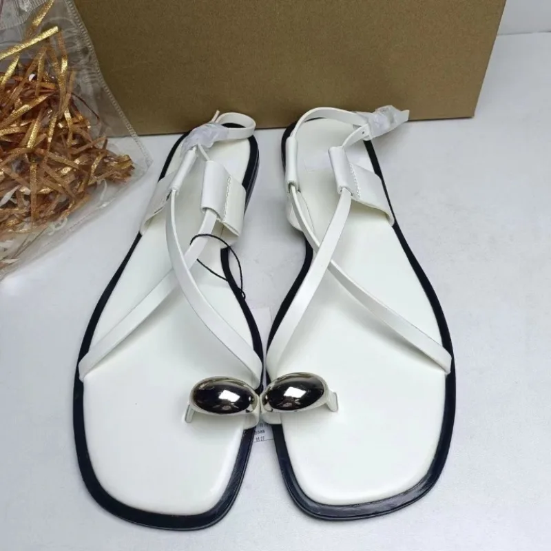 Cross Strap 2025 Summer Women's Flat Sandals Brand Designer Metal Decoration Ladies Footwear Casual Clip Toe White Beach Shoes - Image 2
