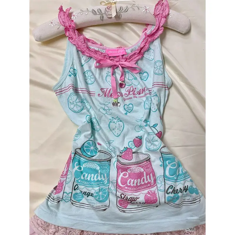 Japanese Cute Sweet Daughter Clothing Summer Cartoon Mp Tie Up Bow Fruit Soda Print Camisole Y2k Top Grunge Graphic T Shirts