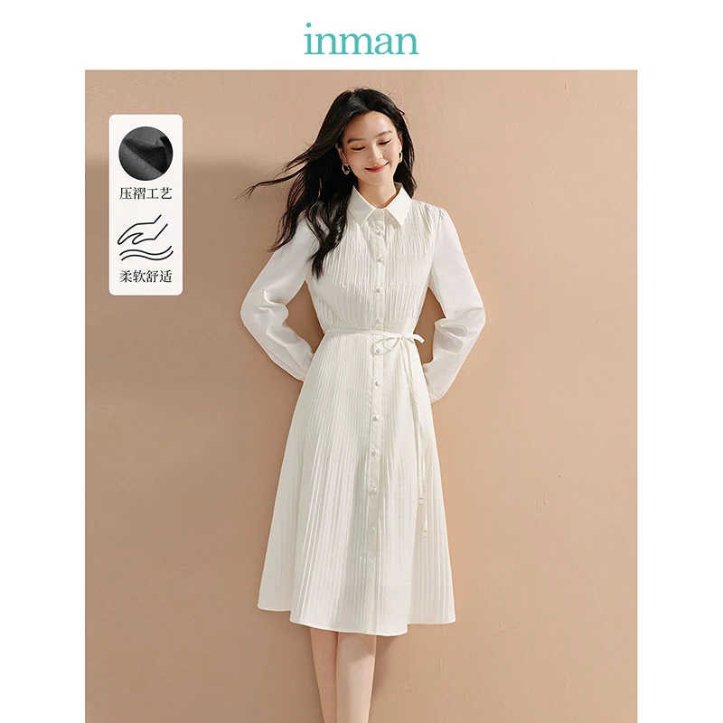 INMAN 2024 autumnwinter Temperament pleated Women's dress Knotted Waist slimming A-line loose skirts