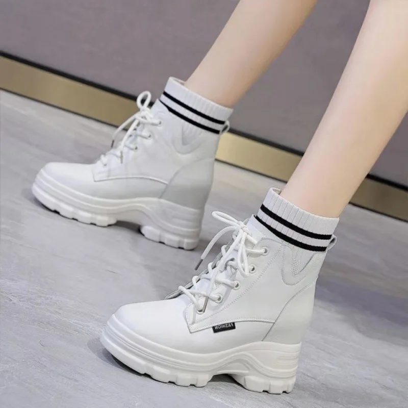 

9cm Genuine Leather Women Ankle Motorcycle Snow Booties Autumn Winter Warm Fur Plush Platform Wedge Women Fashion Shoes