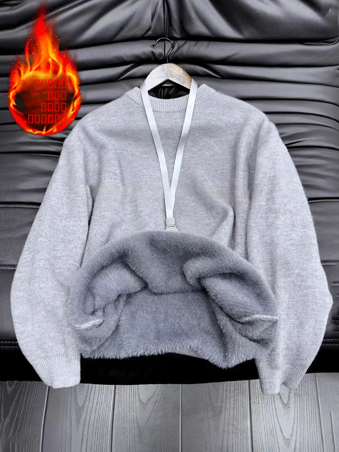 

Fce Lined round Ne Knitwear Men's Winter Warm Base Layer Sweater Heavyweight Retro American Sle Long Sve Crew Ne