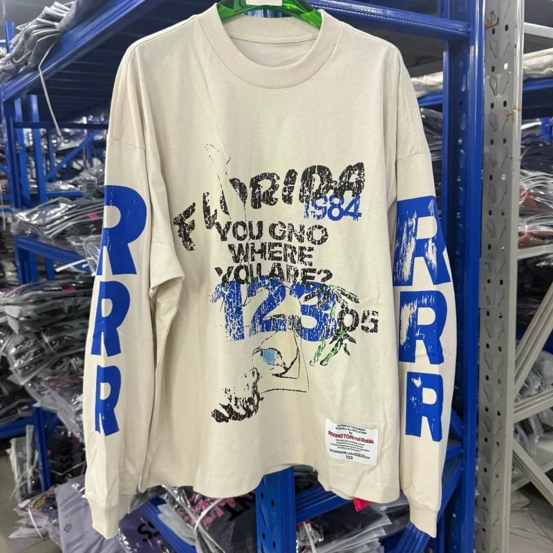 

Портретный слоган, граффити, буквы, трещина, принт, мужская и женская футболка с длинными рукавами RRR123, повседневная моющаяся старая футболка большого размера