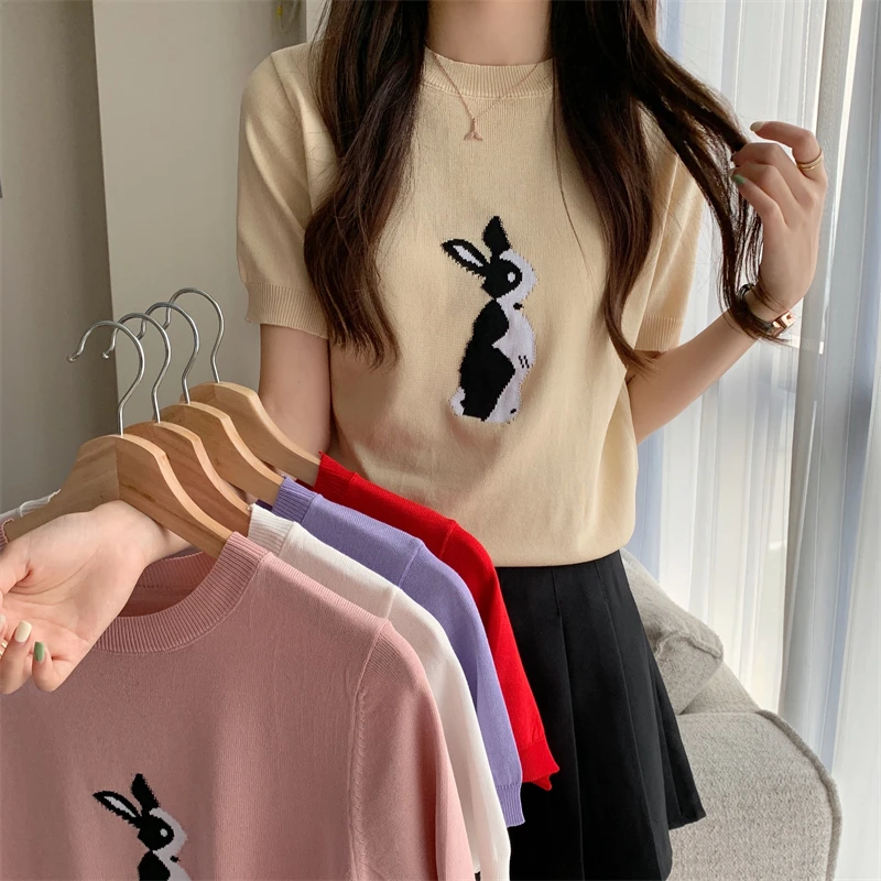 Kawaii Rabbit Knitted T-Shirts Women O-Neck Short Sleeve Casual Shirts Cartoon Sweet Top Tees Slim Harajuku Elegant Office