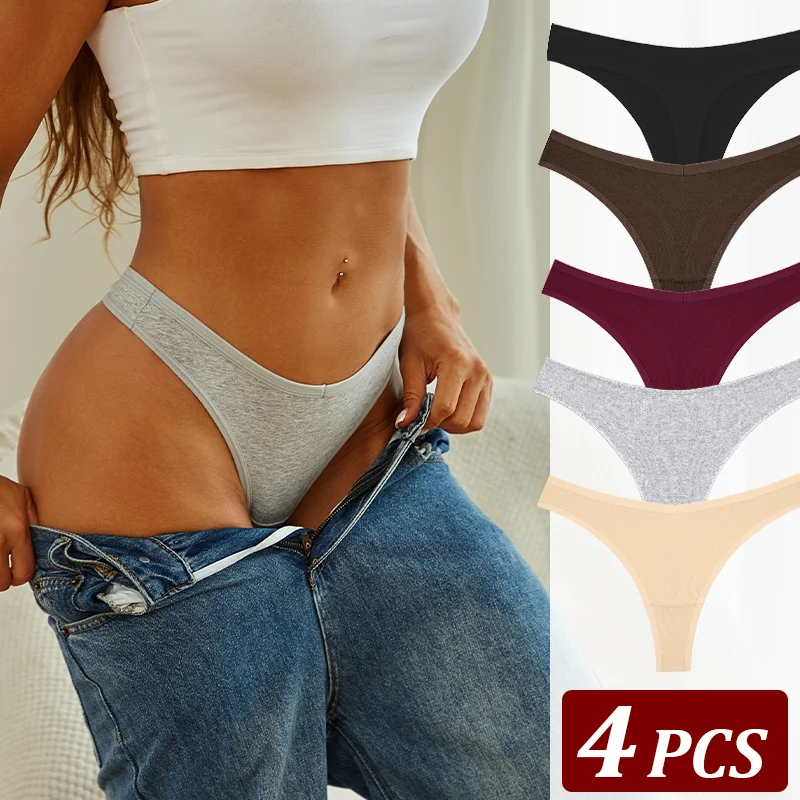 4Pcs Women Cotton Thongs Female Sexy Low Waist Panties G-String Underwear Thongs Striped Panties Female Underwear T-Back Intimat