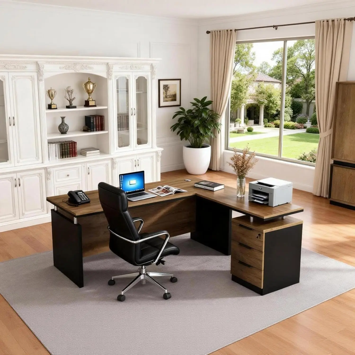 

63” L Shaped Executive Desk with Locking Drawer & Privacy Panel, Solid One-Piece Office Desk, Reversible Modern L, Customized