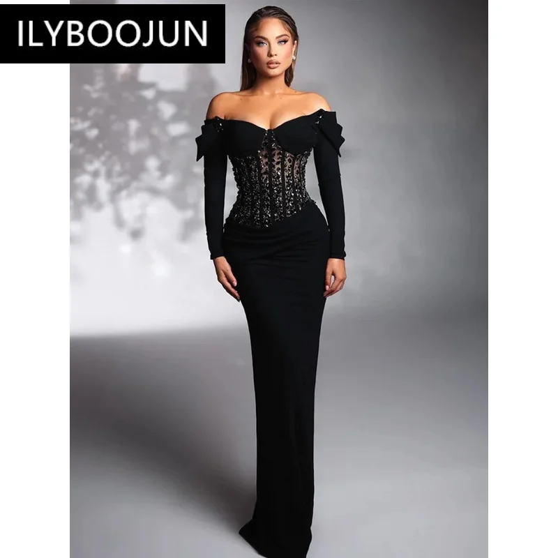 BY Women Celebrity Sexy Crystal Off Shoulder Velvet Black Maxi Long Dress 2024 Elegant Party Evening Stage Performance Vestido