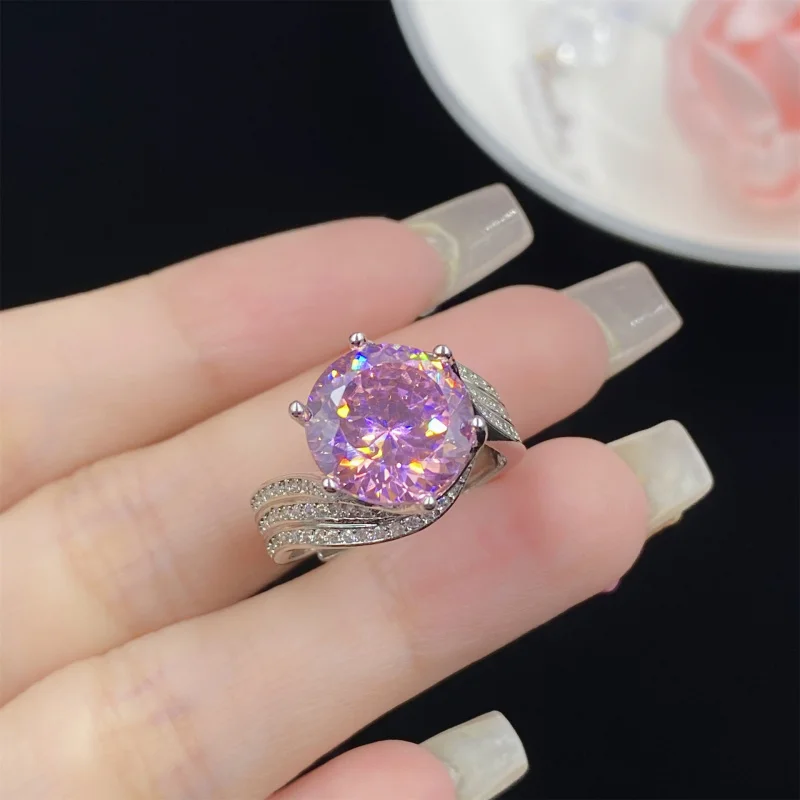 Starry Sky Cut 5 Carat Purple Zirconia Fluorescent Light Color-Changing Full Diamond Luxurious Six-Prong Open Ring for Women