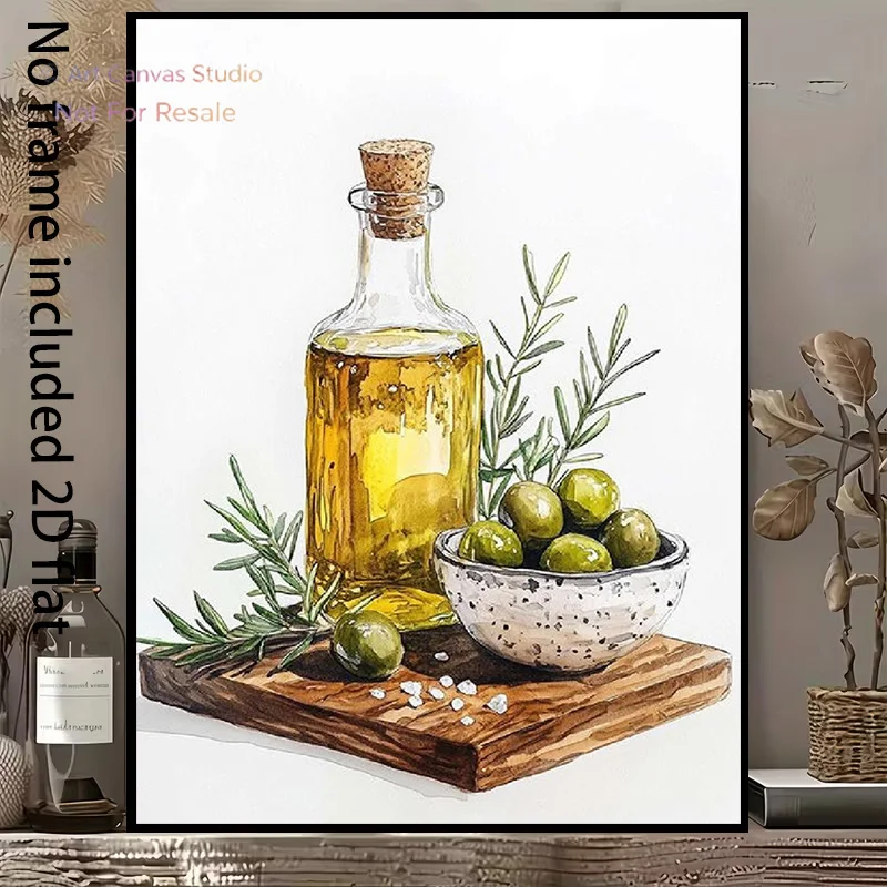 2D Flat, 2D Flat, A 2D Flat Canvas Painting Featuring Olive Oil And Green Olives in a Still Life, Adorned with Rosemary And S