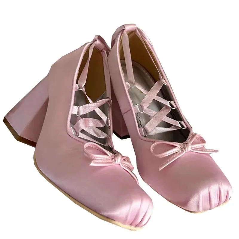 Sweet Small Bowtie Ribbons Cross Lace-up Silk Pumps Blue Pink Ballet Square Toe Chunky High Heels Women Lolita Shoes Mujere