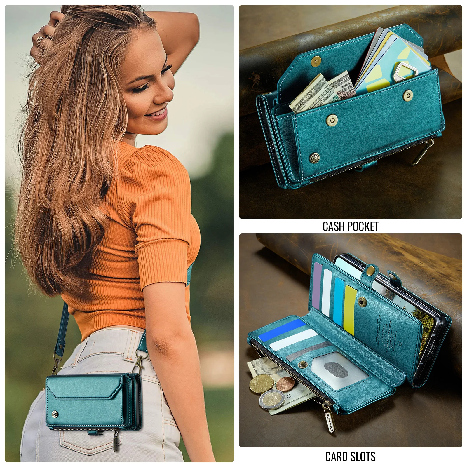 CaseMe-C36 For Samsung Galaxy Z Fold8 Ultra Wallet Case Luxury PU Leather Crossbody Lanyard Card Zipper Pocket Wireless Charge
