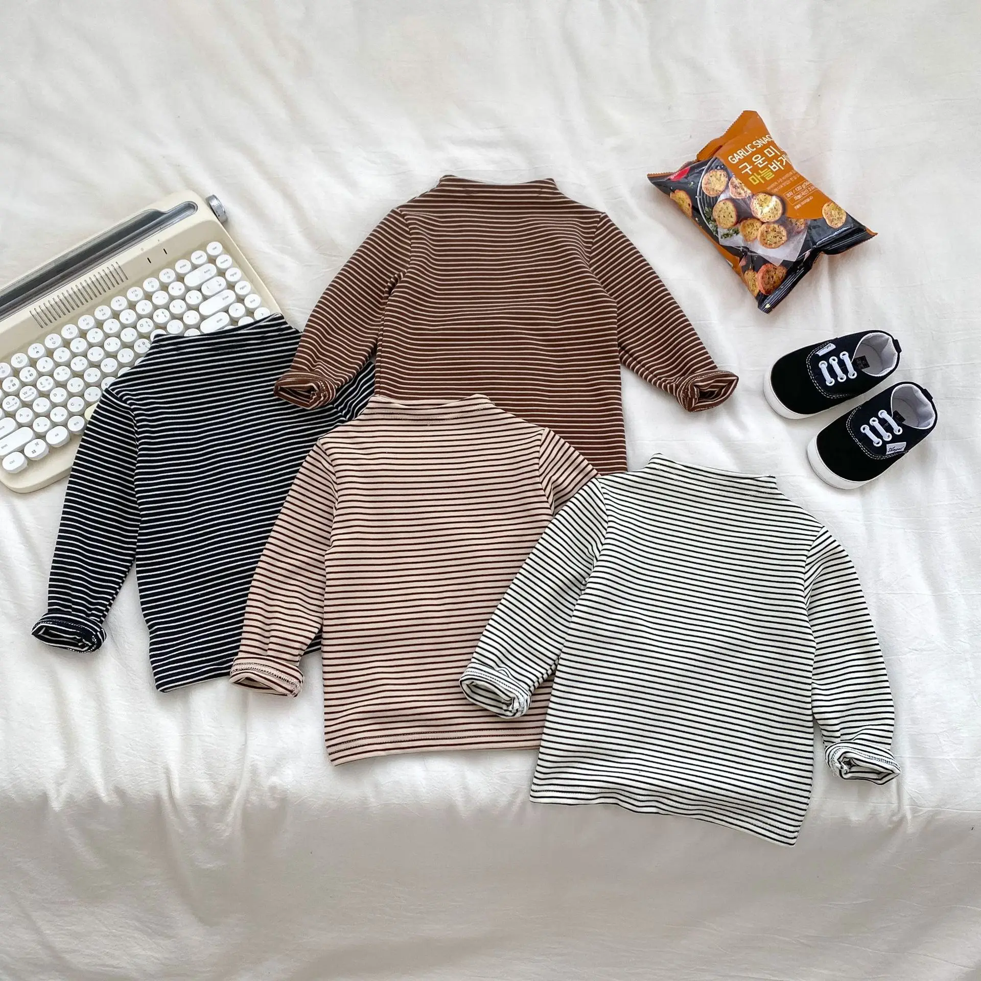 Spring and Autumn New Infant Versatile Striped Bottom Shirt Elastic Semi-turtleneck Inner Top Baby Long Sleeve T-Shirt