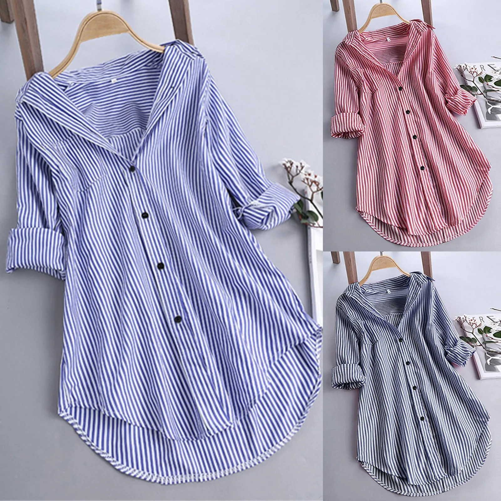 Women's Striped Printing Turn-down Collar Long Sleeved Button Loose Fitting Shirt Tops Simplicity Leisure Female Blouses