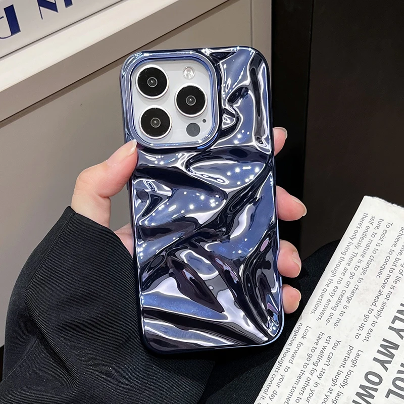 Plating Blue Glossy Water Ripple Phone Case For iPhone 17 Air 16 15 14 13 12 11 Pro Max 16 Plus Soft Shockproof Back Cover
