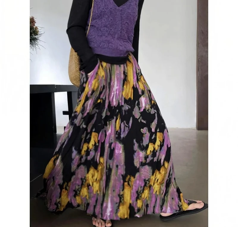 Falda larga plisada avanzada con franjas de carne Retro, falda larga estampada adelgazante de nueva moda