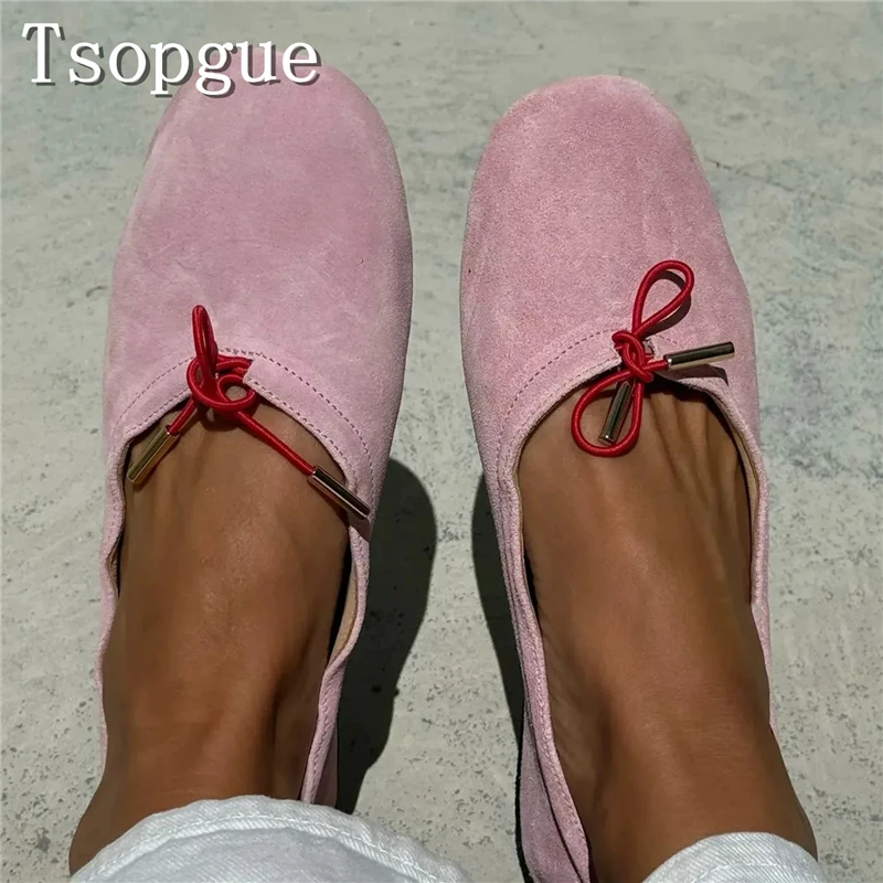 Round Toe Bow Knots Ballet Flats Women's Autumn New Soft Suede Slip On Loafers Comfortable Casual Daily Dress Shoes