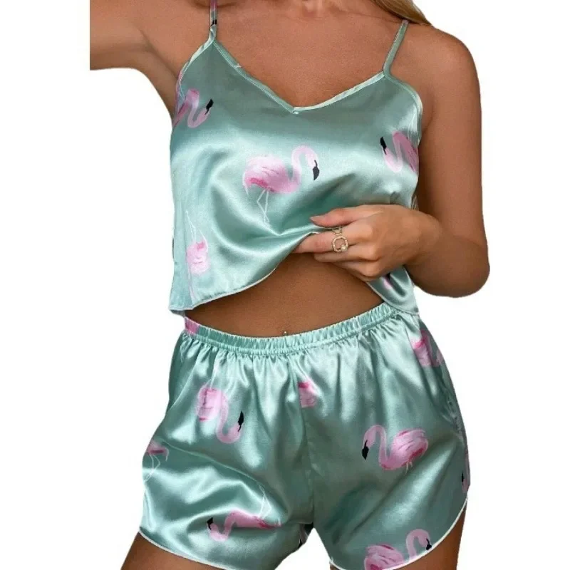 New Fashion Women\'s Suspender Pajamas Set Sleepwear Summer Comfortable Silk Satin Loose Leopard Print Vest Shorts Ladies Clothes