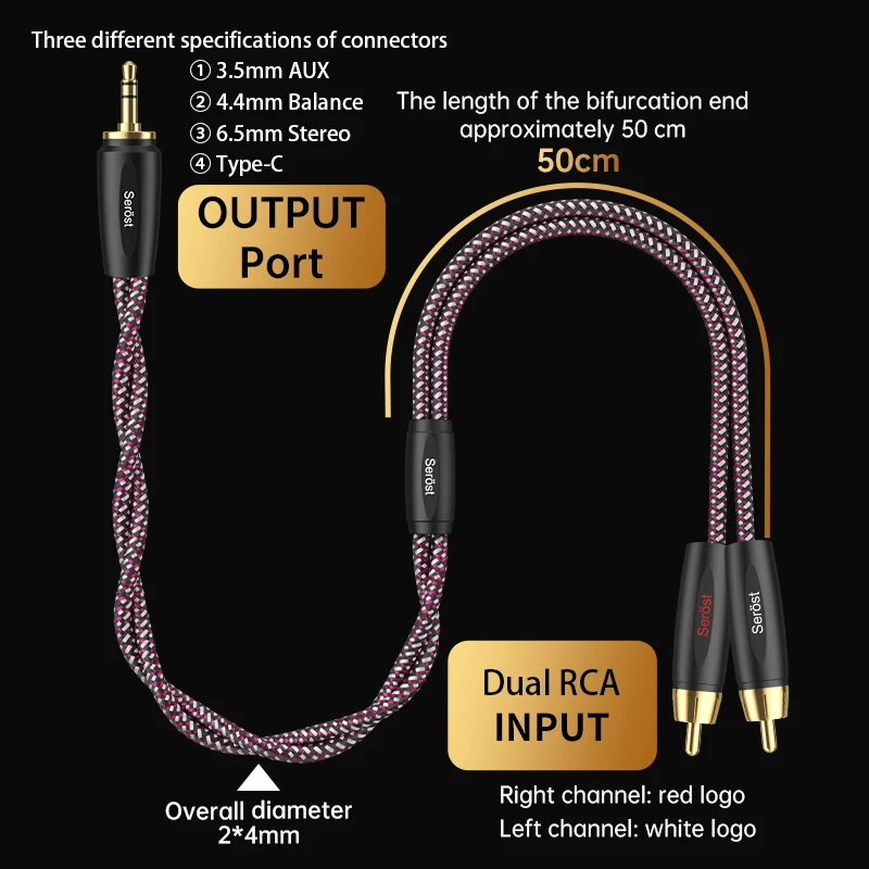 Serost Moon HiFi Audio Cable Type-C DAC 3.5mm 4.4mm 6.5mm Stereo to Dual RCA Jack for Music Player Amplifier Speaker - OCC Cable