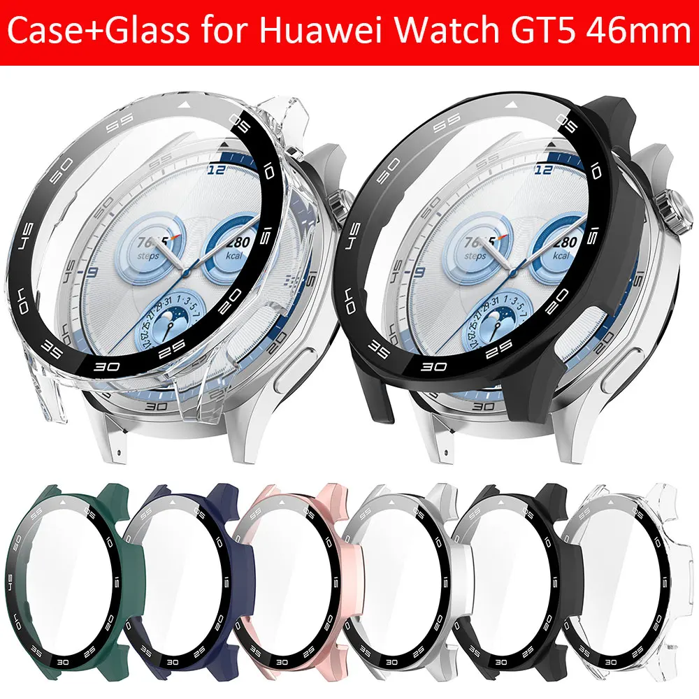 PC 保護ケース + ガラス Huawei 社 Watch GT5 46 ミリメートルオールラウンドバンパーアンチスクラッチカバー + スクリーンプロテクターアクセサリー