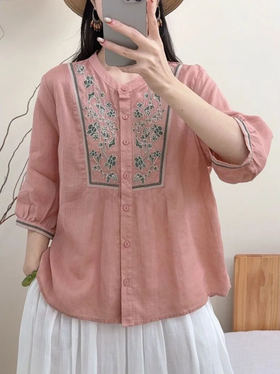 

Retro Artistic Cotton Linen Embroidered Shirt Women Summer New round Neck Five Sleeve Thin Loose Versatile Top