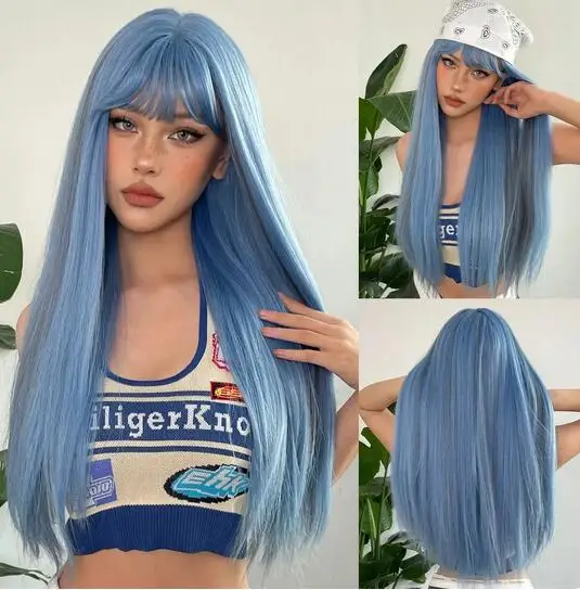 Long Straight Synthetic Wigs Blue with Ash Highlight Cosplay Wig with Bangs Daily Natural Hair for Women Heat Resistant Fiber