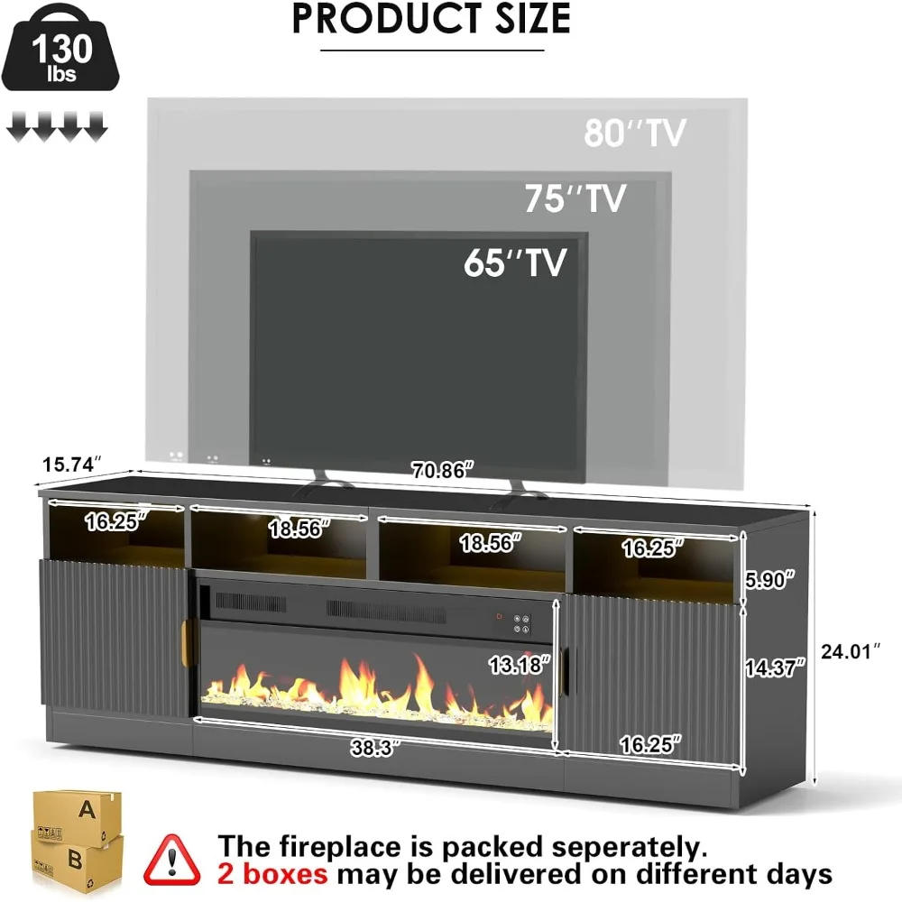 70 Fireplace TV Stand with 38.3 Electric Fireplace & 24 Colors LED Light, Entertainment Center with Fluted Storage Cabinet