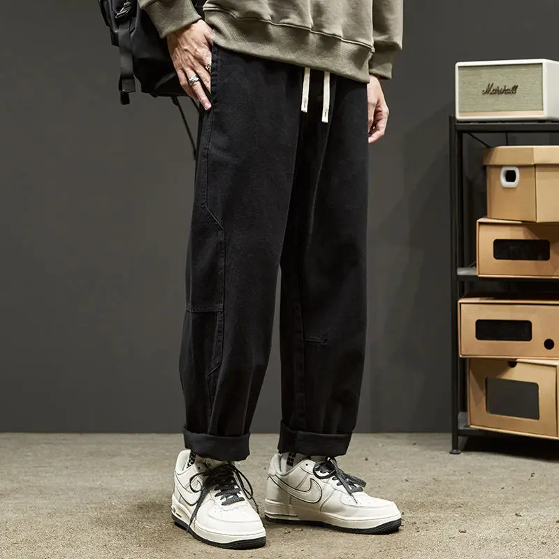 American Casual Trend Versatile Simple Loose Cargo Pants Men Solid Elastic Waist Drawstring Pocket Straight Wide Leg Trousers