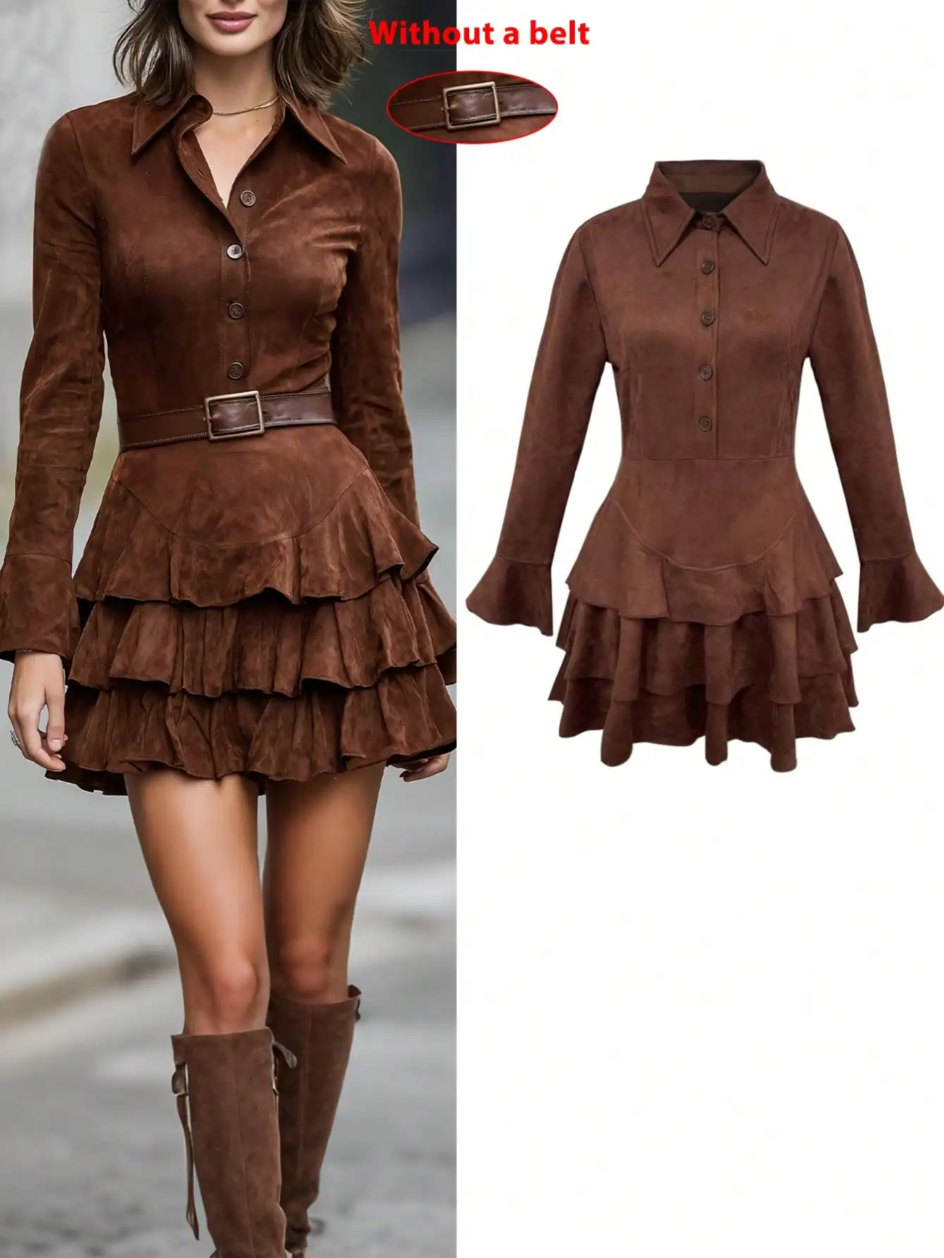 

Женское коричневое замшевое платье-рубашка с рюшами по низу, на пуговицах, с поясом