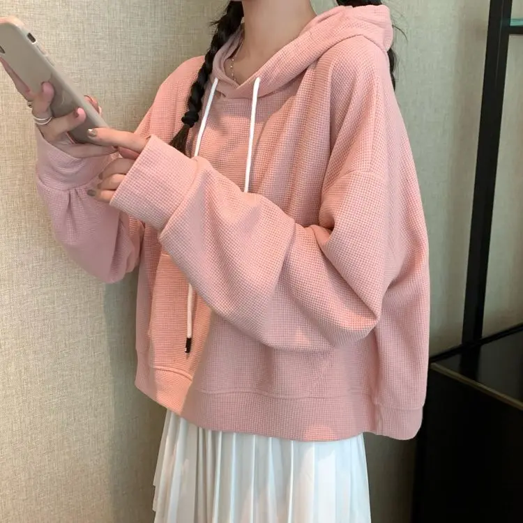 Women Waffle Knit Cropped Hoodie Loose Oversized Sweatshirt Fall Aesthetic Y2K Streetwear Casual Pullover Tops