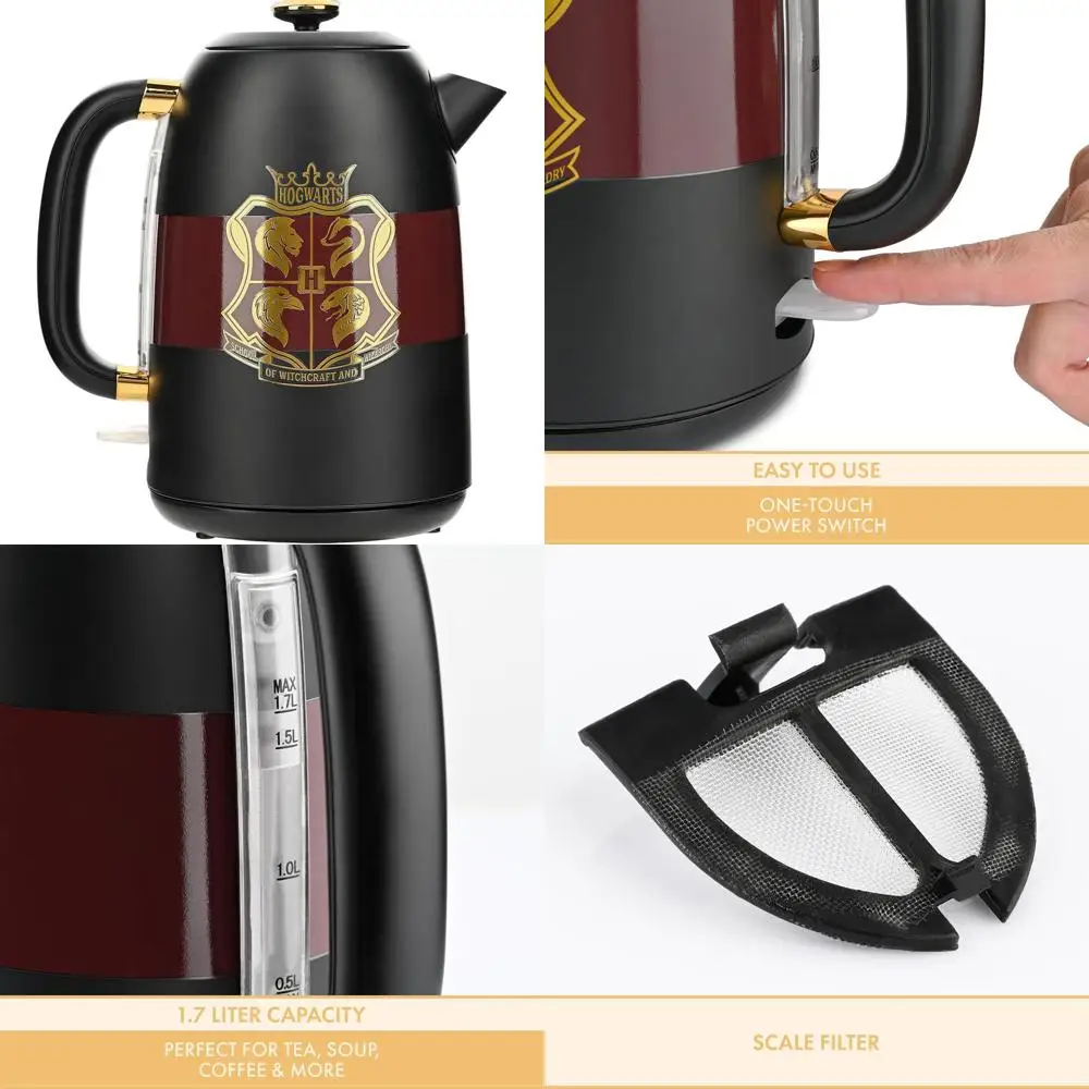 

1.7L 1500W Electric Kettle - Water Window, Auto Shut Off, Boil Dry Protection, 360 Rotation Base, Black & Gold