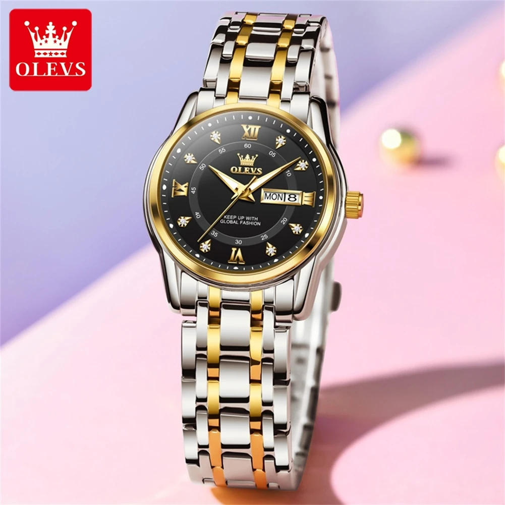 OLEVS Fashion Business Women Watch Luxury Quartz Diamond Dial Stainless Steel Date Waterproof Elegant Ladies Watch Reloj Mujer