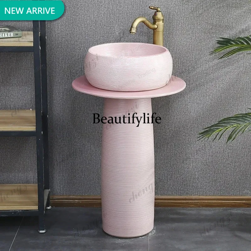 TTT  Pink Nordic Pedestal Bathroom Sink Set Floor-Standing Basin Modern Design Elegant Style Home Furniture with Faucet Included