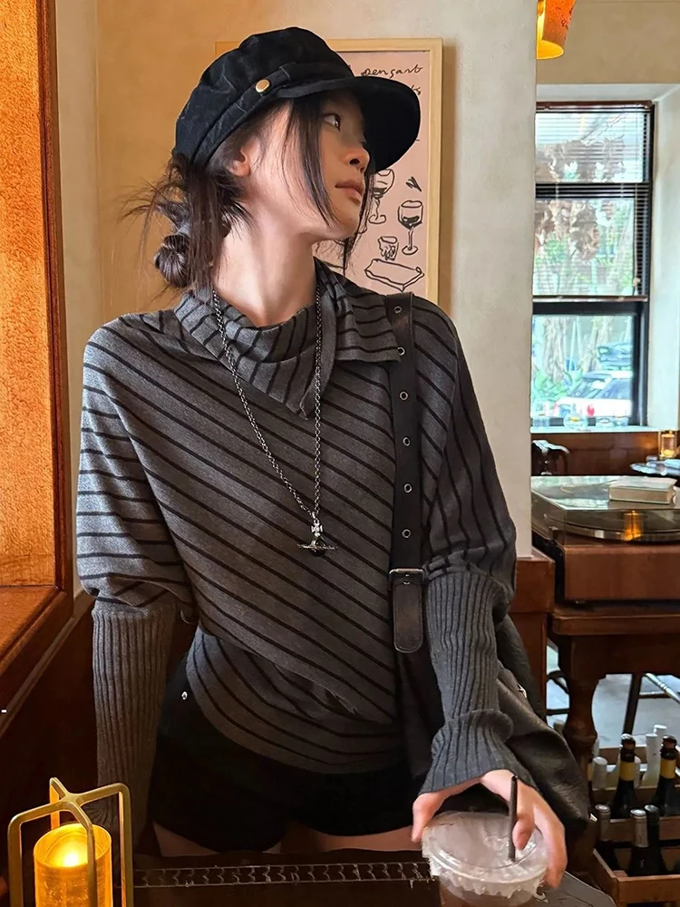 Y2K Streetwear Knit Sweater Women Vintage Striped Batwing Sleeve Harajuku Pullovers Irregular Collar Loose Autumn Hottie Jumpers