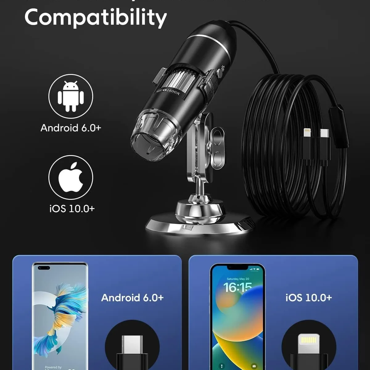 Suitable for Apple Android Huawei 2-in-1 1600x Digital HD Microscope Mobile Phone Electronic Repair