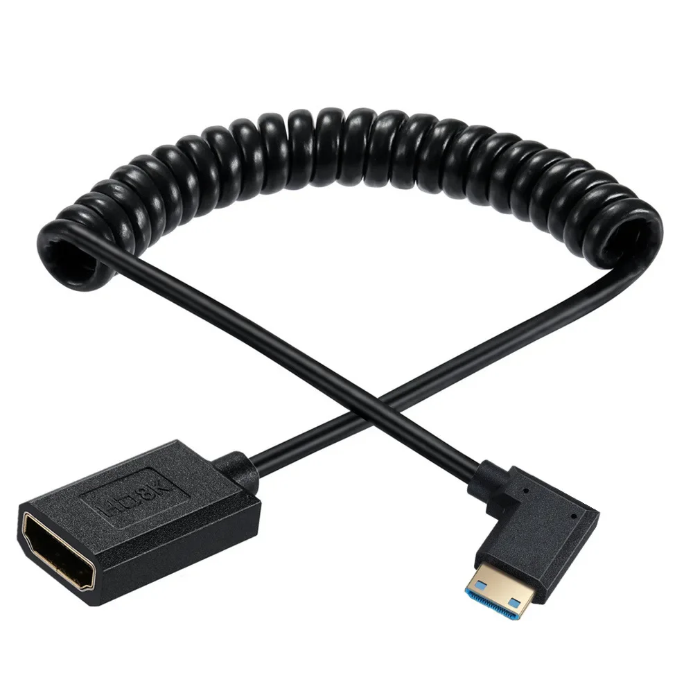 2.1V Super Slim High Speed Mini HDMI To HDMI Female Coiled Cable Adapter 8K 60Hz 4K 120Hz Compatible for DSLR Camera Graphics