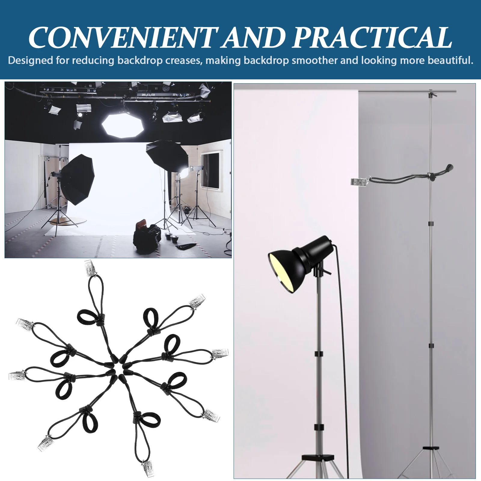 

8Pcs Backdrop Clamp Clips Heavy Duty Elastic Bands for Securing Background Cloths Easy Install Studio Photo Setup Accessory