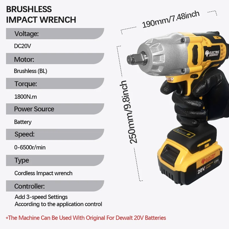 Electric Goddess 1800N.M  Brushless Electric Impact Wrench 1/2 Inch Lithium-Ion Battery Cordless Tool For Dewalt 20V Battery Pin