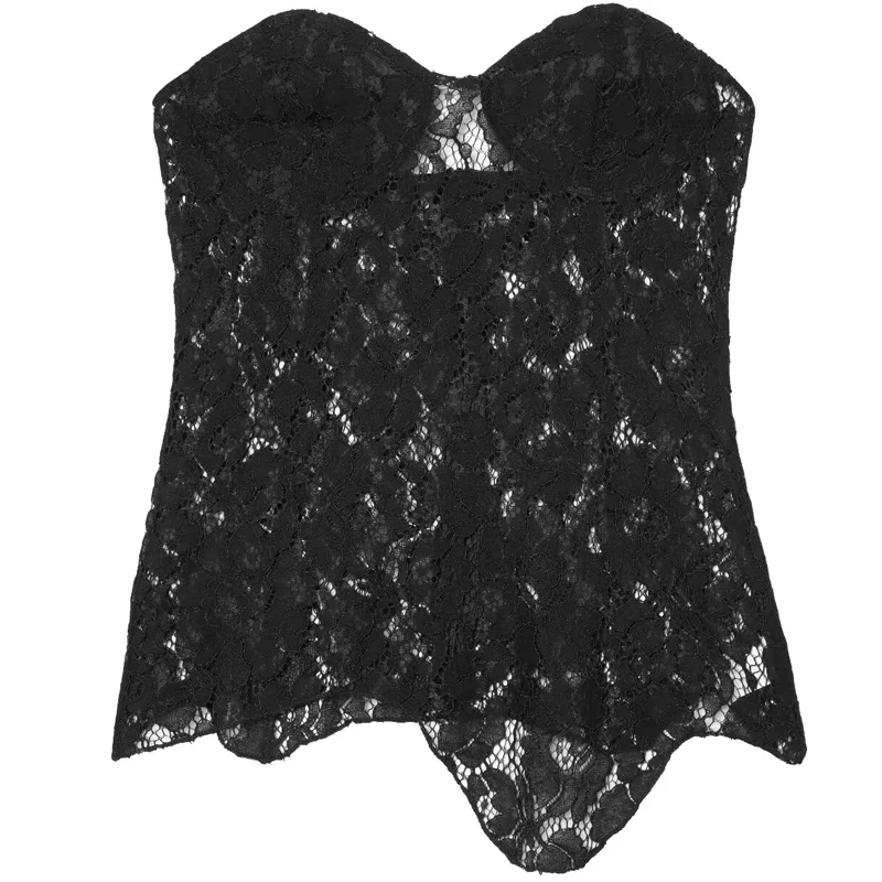 HXAO Women's Corset Lace Black Tops Sexy Asymmetrical Sleeveless Backless Slim Tube Top Hollow Out Semi-Sheer Vest Nightclub Top