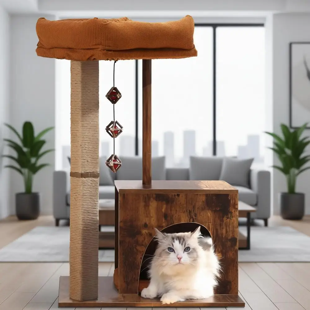 

Современное квадратное кошачье дерево с деревянной башней и серебряными лозовыми шариками, современная когтеточка для кошек в помещении (массив дерева)