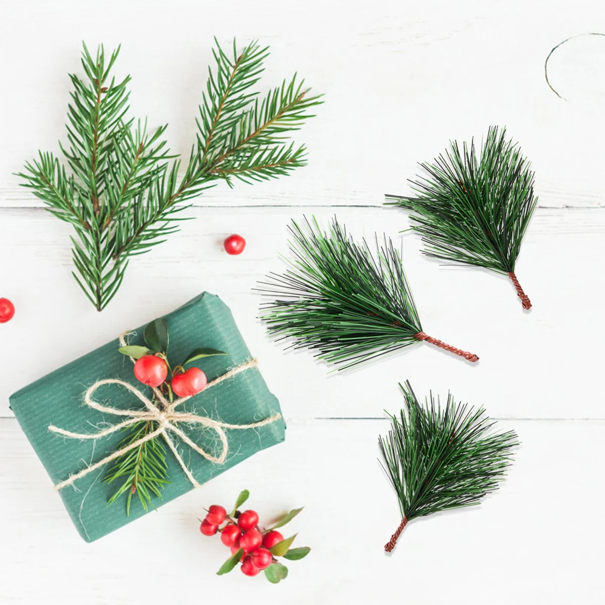 

30 pcs Simulation Pine Branches Colorfast Diy Decor Supplies For Christmas Wedding Party Photo Props Realistic Artificial Green