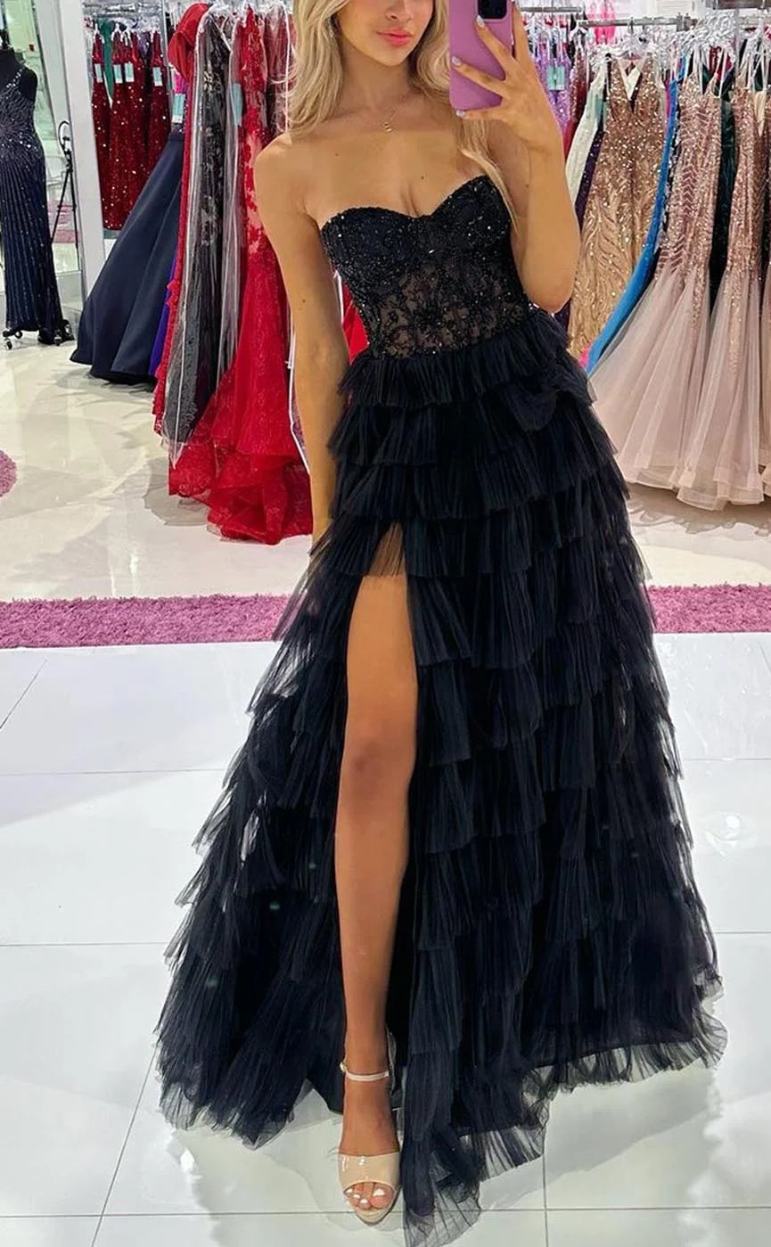 Strapless A-line Tulle Prom Dresses Appliques Sequins Tiered Cake Dresses Backless High Split Illusion Sleeveless Princess Dress