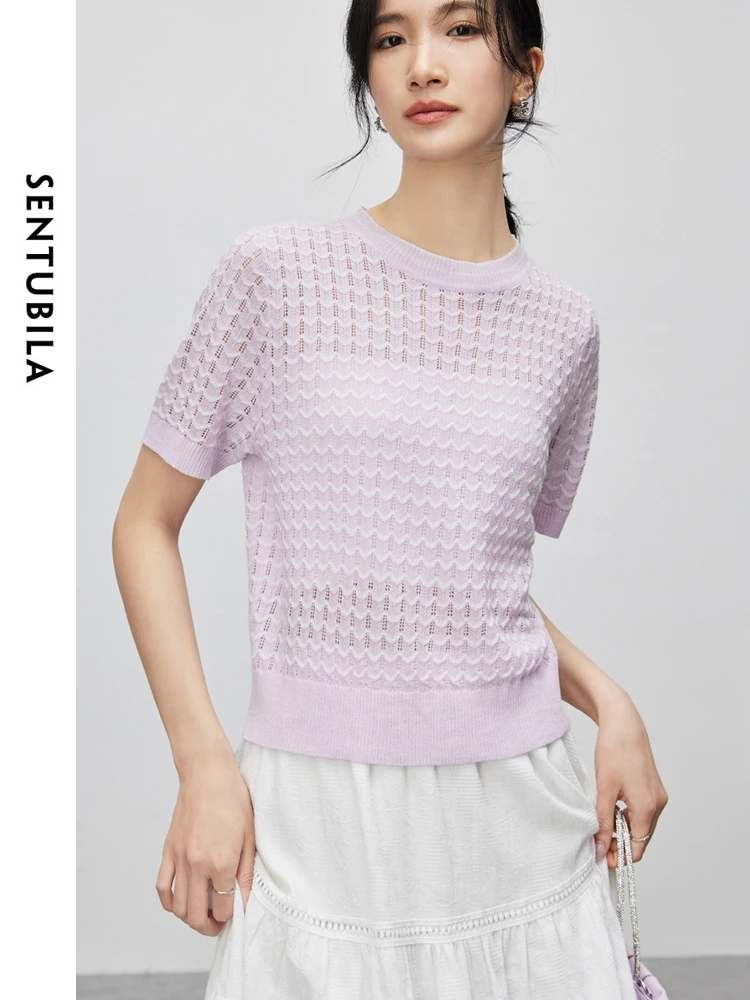 SENTUBILA Hollow Out Striped Knit Tops Summer Sweater Women 2024 Summer Fashion Elegant Short Sleeve Knitted Tshirts W42H55017