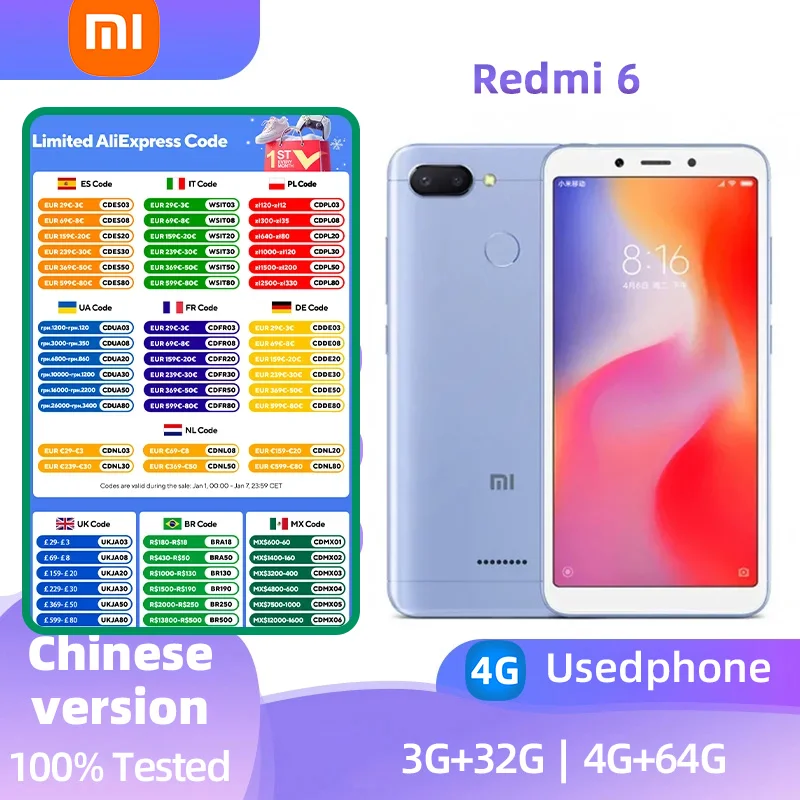 Xiaomi Redmi 6 4G Android 5.45 inch RAM 3GB ROM 32GB MediaTek Helio P22 Used phone