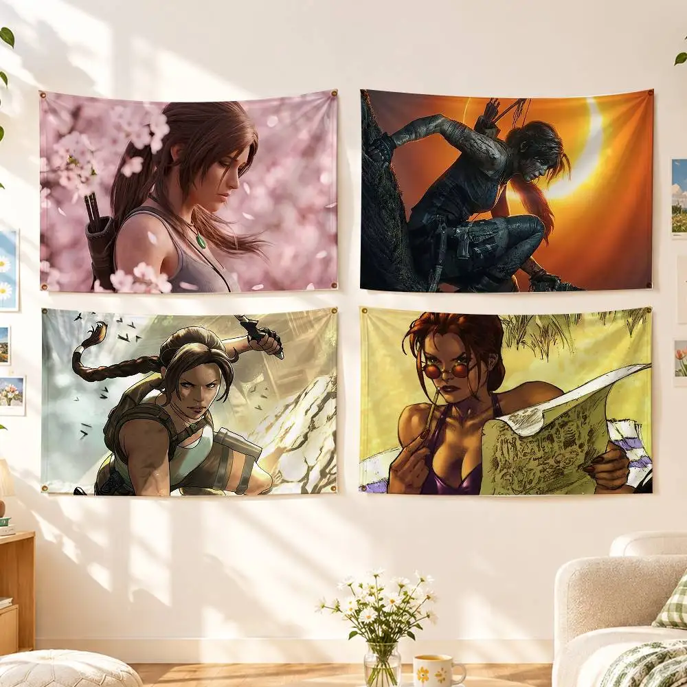 Tomb Adventure L-Lara Croft Flags Wall Hanging Background Art Banner for Bedroom Home Outdoor Decor