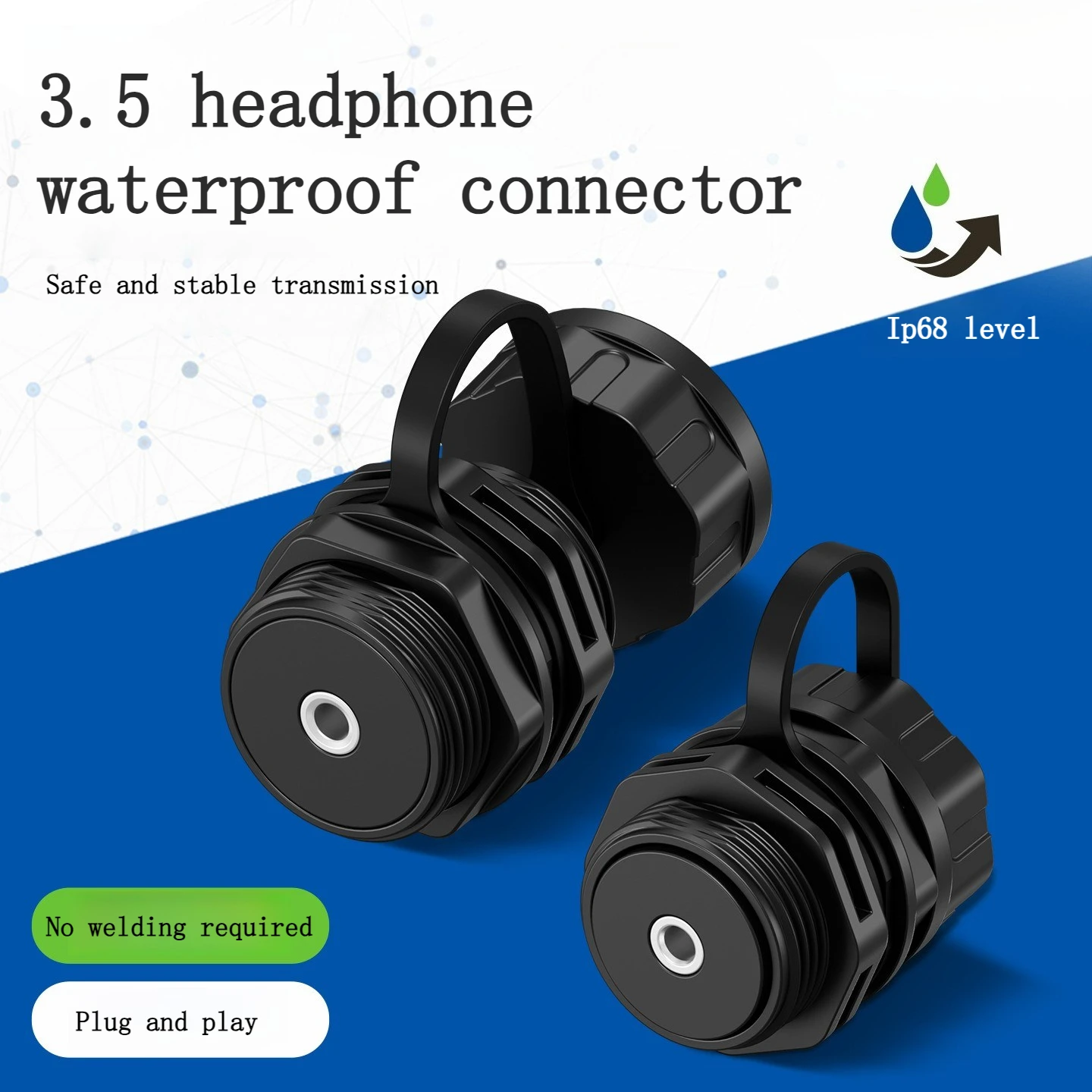 C-shaped waterproof 3.5mm headphone connector with IP68 dust-proof cover and audio extension conversion connector